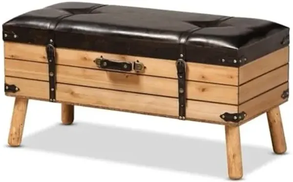 Baxton Studio Amena Rustic Transitional Dark Brown PU Leather Upholstered and Oak Finished Wood Large Storage Ottoman