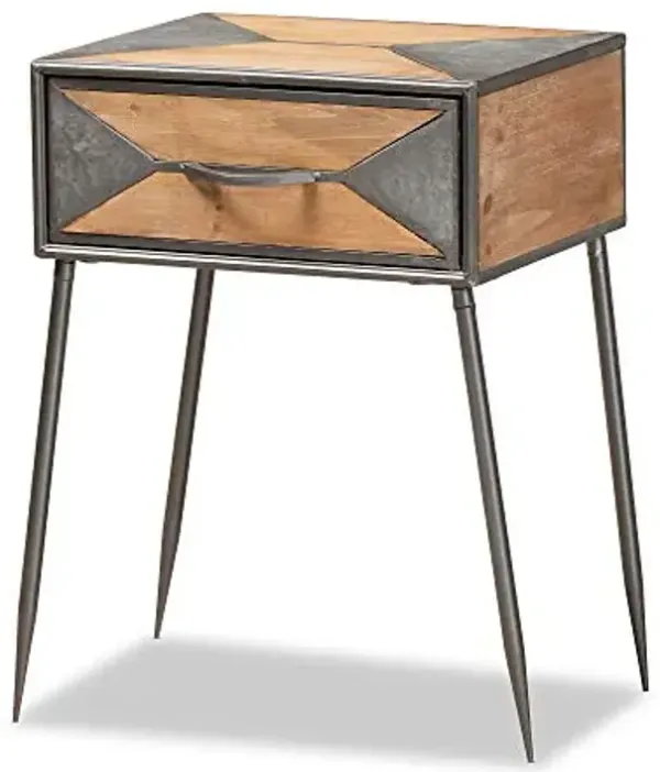Baxton Studio Laurel Rustic Industrial Antique Grey Finished Metal and Whitewashed Oak Brown Finished Wood 1-Drawer End Table