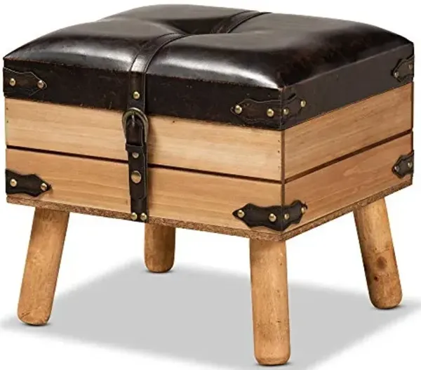 Baxton Studio Amena Rustic Transitional Dark Brown PU Leather Upholstered and Oak Finished Wood Small Storage Ottoman