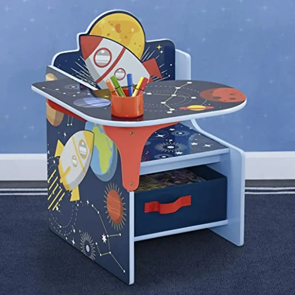 Delta Children Space Adventures Chair Desk with Storage Bin - Ideal for Arts & Crafts, Snack Time, Homeschooling, Homework & More - Greenguard Gold Certified, Blue