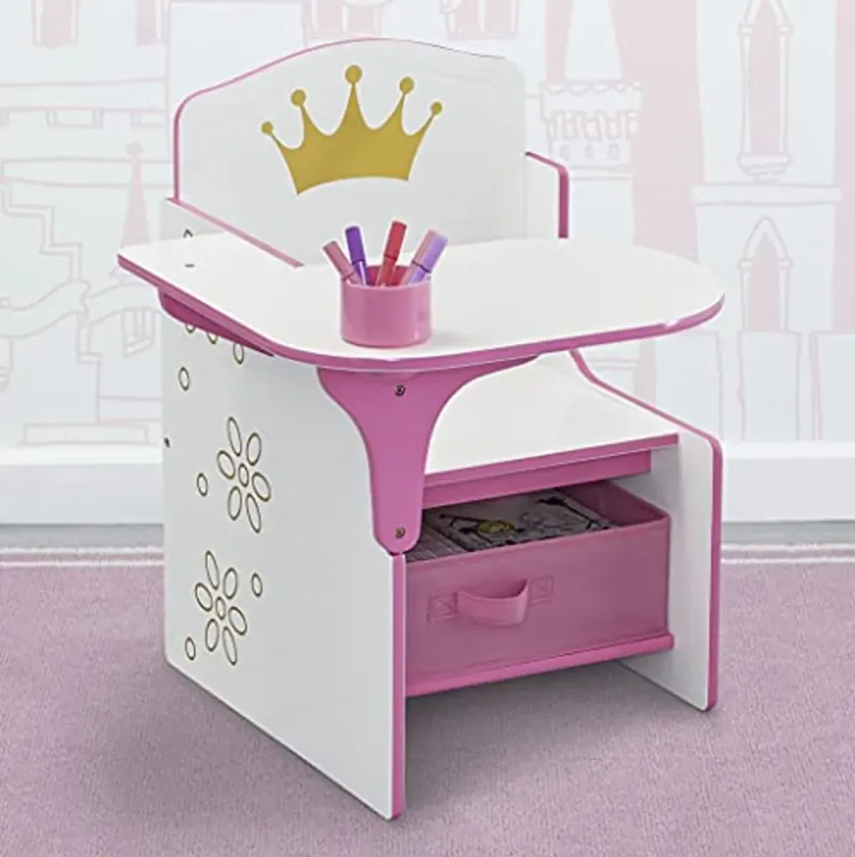 Delta Children Princess Crown Chair Desk with Storage Bin - Ideal for Arts & Crafts, Snack Time, Homeschooling, Homework & More - Greenguard Gold Certified, White/Pink