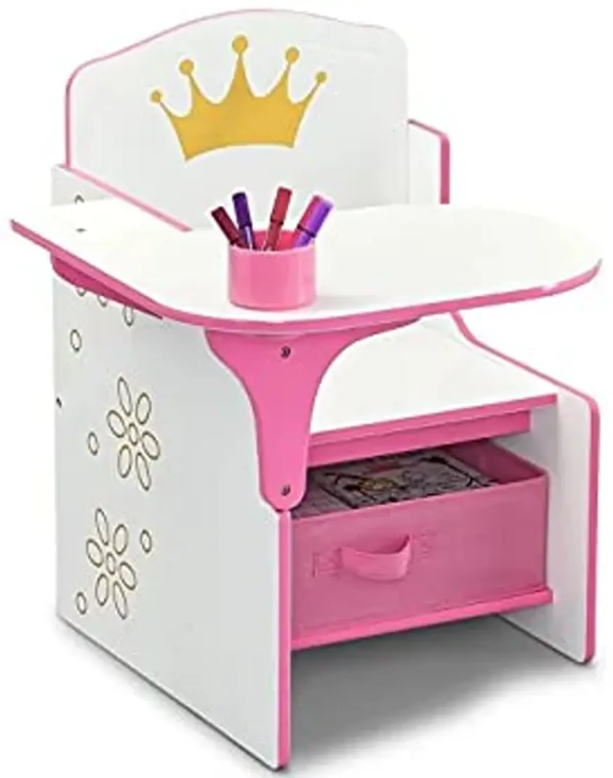 Delta Children Princess Crown Chair Desk with Storage Bin - Ideal for Arts & Crafts, Snack Time, Homeschooling, Homework & More - Greenguard Gold Certified, White/Pink