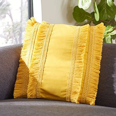 Safavieh Home Collection Grema Boho 16-inch Yellow Fringe Decorative Accent Pillow PLS7142C-1616, 17"x17"