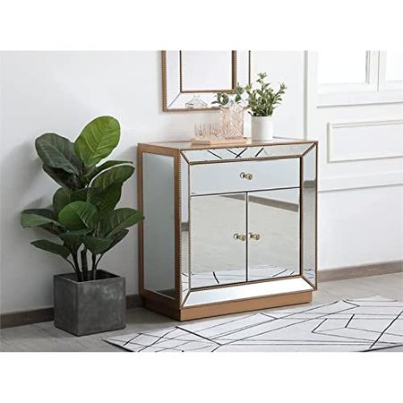 Elegant Decor Remi 32" MDF and Metal Mirrored Chest in Antique Gold