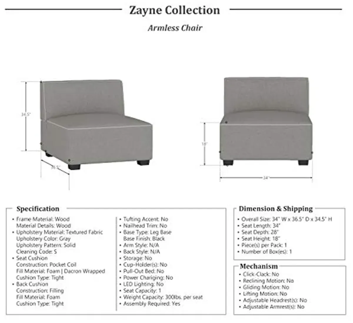 Lexicon Zayne Modular Unit, Armless Chair, Gray