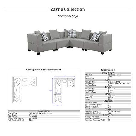 Lexicon Zayne 5-Piece Modular Sectional Sofa, Gray
