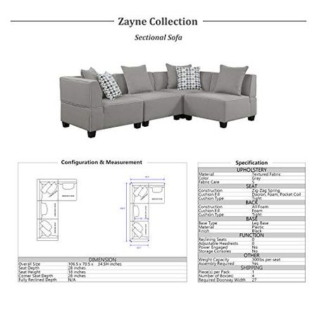 Lexicon Zayne 4-Piece Modular Sectional Sofa, Gray
