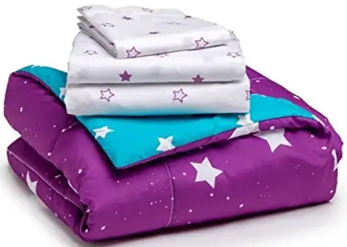 Delta Children 4 Piece Toddler Bedding Set for Girls - Reversible 2-in-1 Comforter - Includes Fitted Comforter to Keep Little Ones Snug, Bottom Sheet, Top Sheet, Pillow Case - Purple Stars Night
