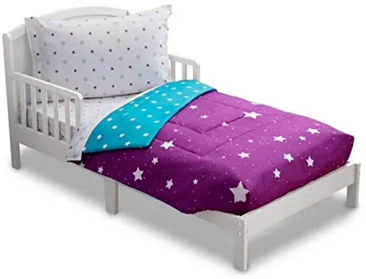 Delta Children 4 Piece Toddler Bedding Set for Girls - Reversible 2-in-1 Comforter - Includes Fitted Comforter to Keep Little Ones Snug, Bottom Sheet, Top Sheet, Pillow Case - Purple Stars Night