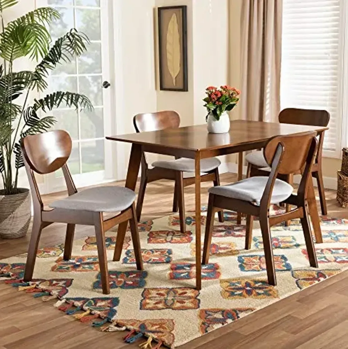 Baxton Studio Katya Dining Set Dining Set Grey Fabric Upholstered and Walnut Brown Finished Wood 5-Piece Dining Set