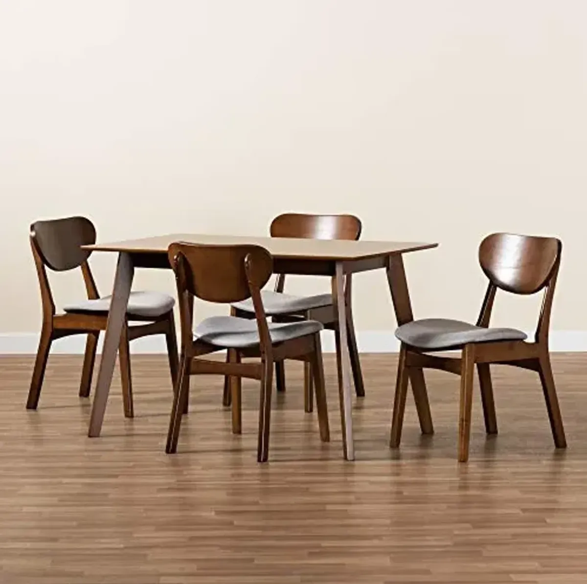 Baxton Studio Katya Dining Set Dining Set Grey Fabric Upholstered and Walnut Brown Finished Wood 5-Piece Dining Set