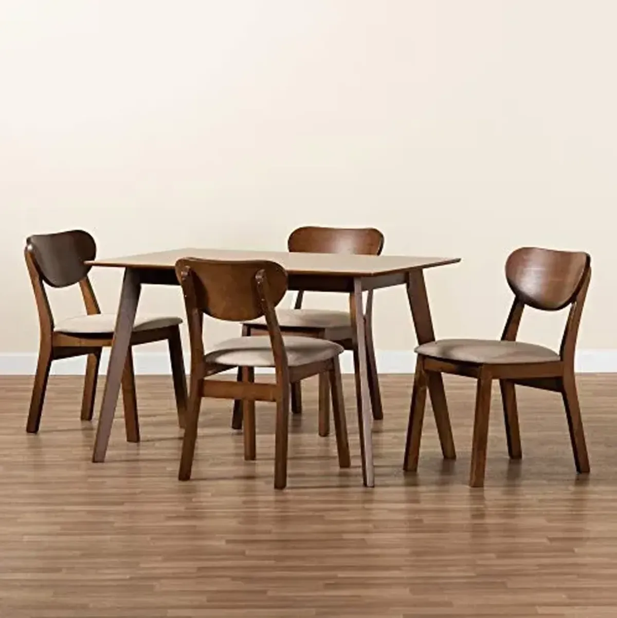 Baxton Studio Damara Mid-Century Pub Set Sand Fabric Upholstered and Walnut Brown Finished Wood 5-Piece Dining Set