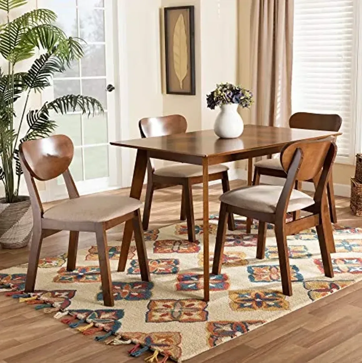 Baxton Studio Damara Mid-Century Pub Set Sand Fabric Upholstered and Walnut Brown Finished Wood 5-Piece Dining Set