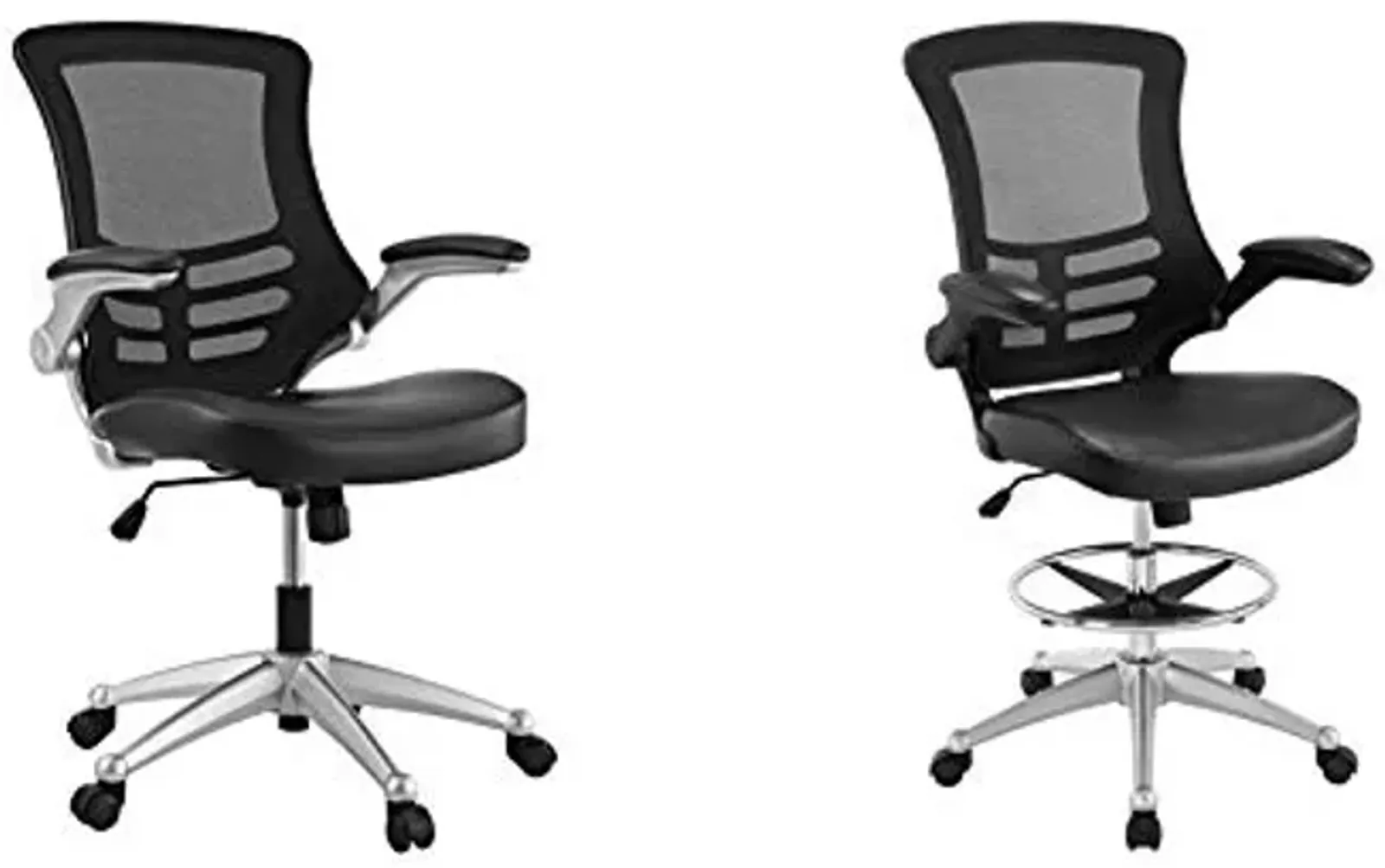 Modway Attainment Mesh Back and Vinyl Seat Modern Office Chair in Black & Attainment Vinyl Drafting Chair - Drafting Stool With Flip-Up Arm in Black