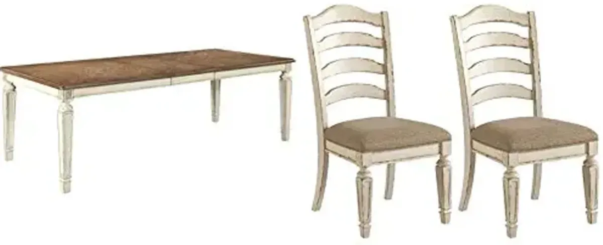 Signature Design by Ashley Realyn French Country Dining Extension Table, Seats up to 8, Chipped White and 2 Upholstered Dining Chairs