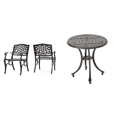 Christopher Knight Home Sarasota Outdoor Cast Aluminum Outdoor Chairs, 2-Pcs Set, Hammered Bronze & Knight Home Lola Outdoor 19" Cast Aluminum Side Table, Bronze Finished