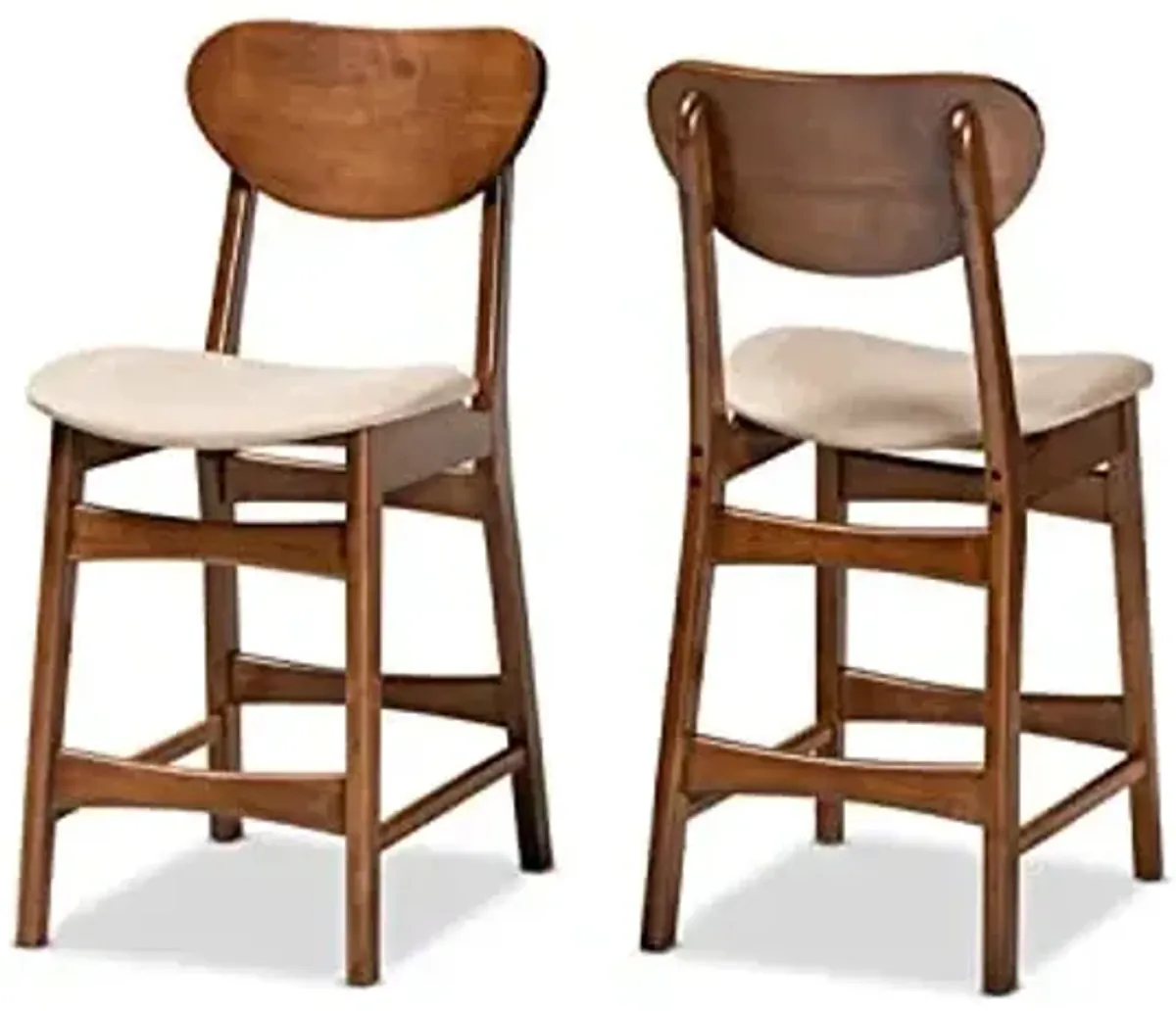 Baxton Studio Katya Mid-Century Modern Sand Fabric Upholstered and Walnut Brown Finished Wood 2-Piece Counter Stool Set