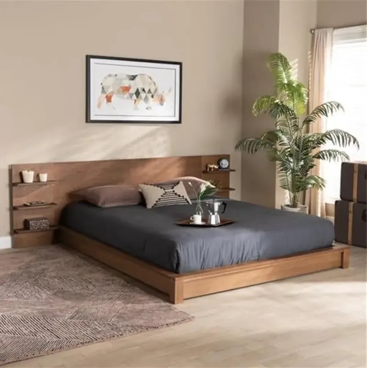 Baxton Studio Elina Modern and Contemporary Walnut Brown Finished Wood Queen Size Platform Storage Bed with Shelves