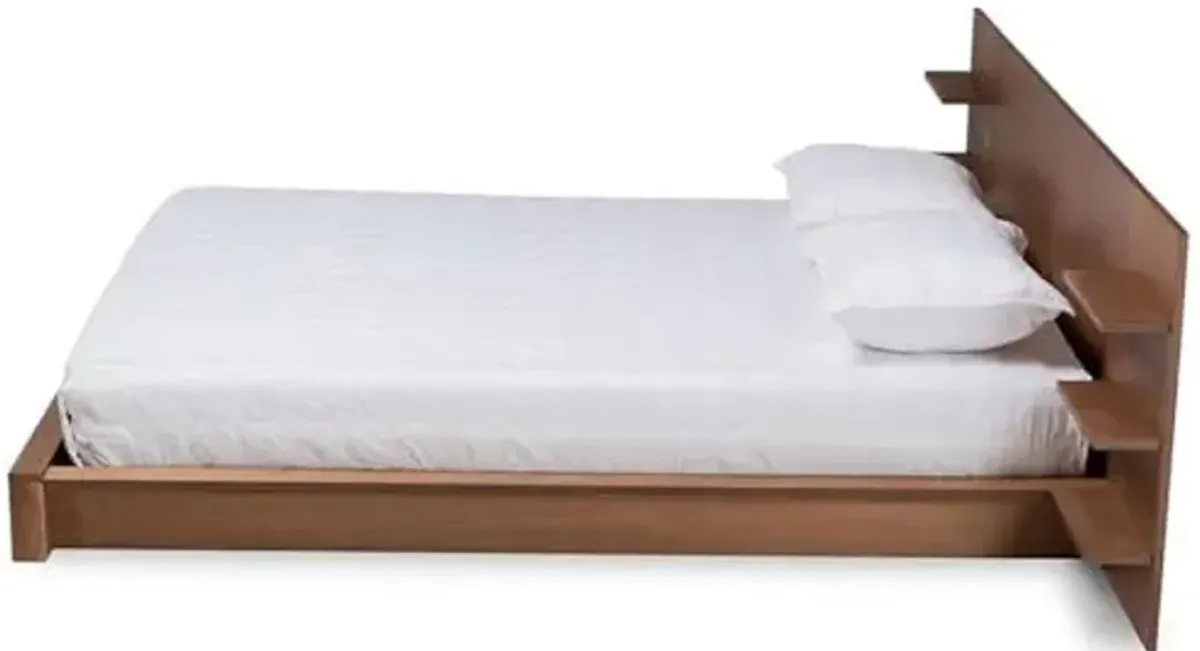 Baxton Studio Elina Modern and Contemporary Walnut Brown Finished Wood Queen Size Platform Storage Bed with Shelves