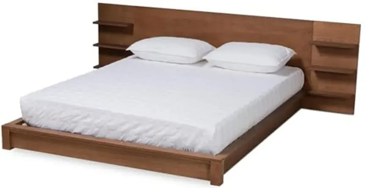 Baxton Studio Elina Modern and Contemporary Walnut Brown Finished Wood Queen Size Platform Storage Bed with Shelves