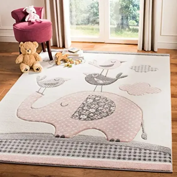 SAFAVIEH Carousel Kids Collection Area Rug - 9' x 12', Pink & Ivory, Animal Design, Non-Shedding & Easy Care, Ideal for High Traffic Areas for Boys & Girls in Playroom, Nursery, Bedroom (CRK127P)