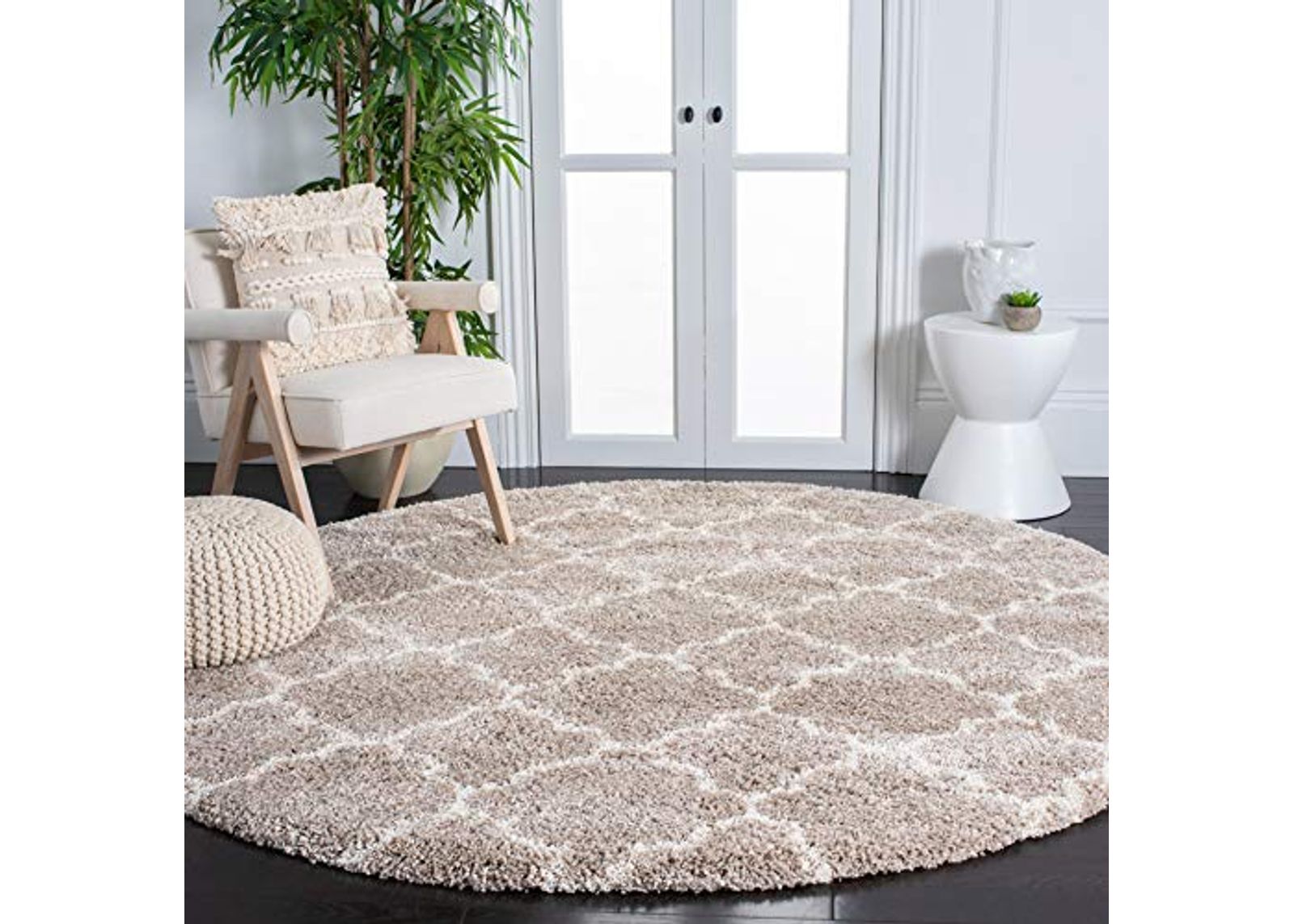 Safavieh Hudson Shag Collection 7' Round Beige/Ivory SGH282F Moroccan Trellis Non-Shedding Living Room Bedroom 2-inch Thick Area Rug