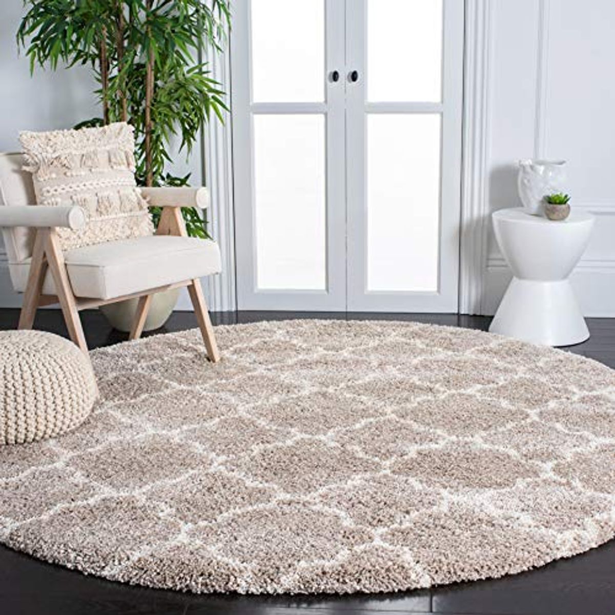 Safavieh Hudson Shag Collection 7' Round Beige/Ivory SGH282F Moroccan Trellis Non-Shedding Living Room Bedroom 2-inch Thick Area Rug