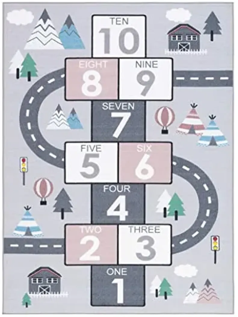 SAFAVIEH Washable Rug Kids Playhouse Collection - 5'5" x 7'7", Grey & Pink, Slip Resistant & Easy to Clean, Ideal for Kids Room, Playroom, Nursery, Boys & Girls Room (KPH226A)