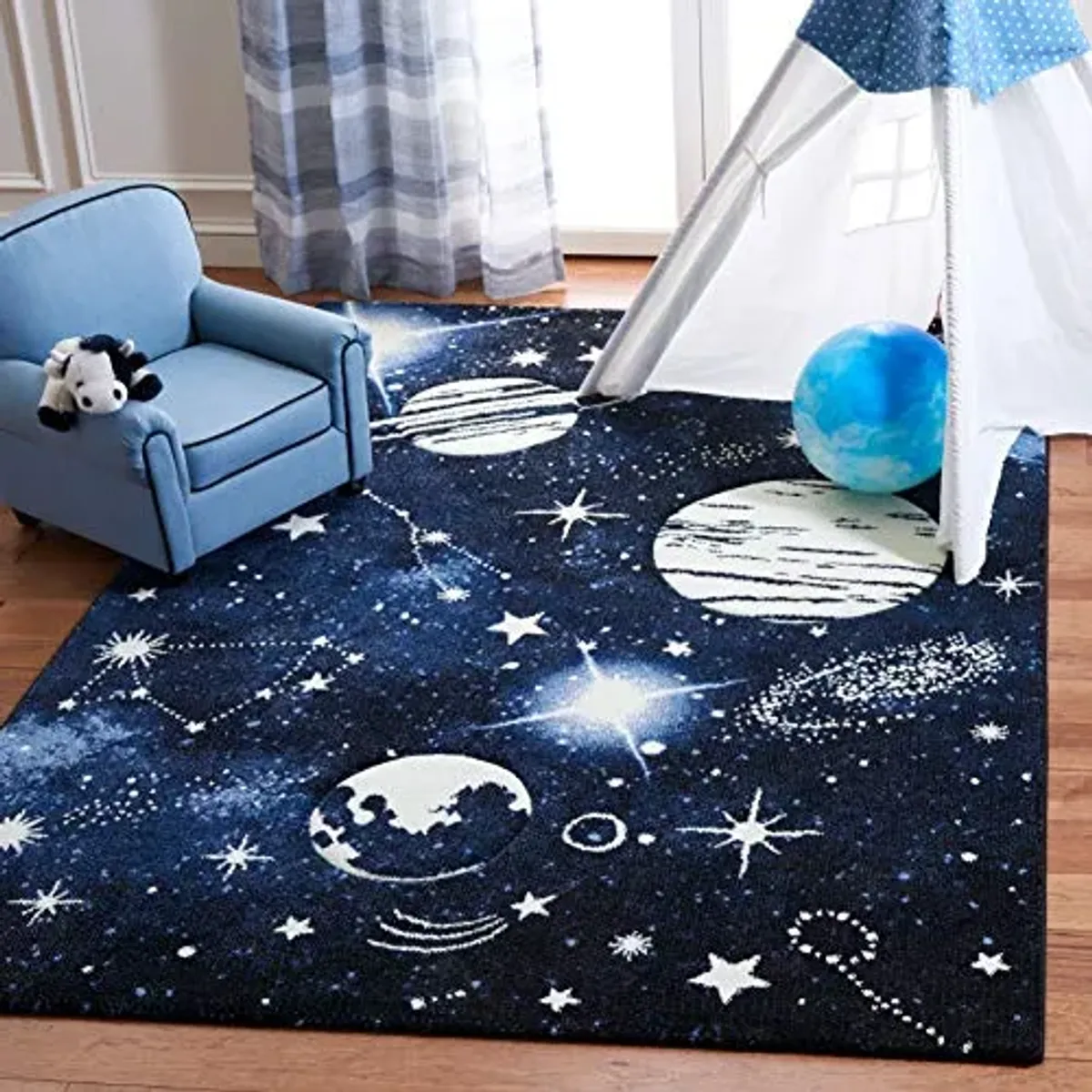 SAFAVIEH Carousel Kids Collection Area Rug - 3' Square, Dark Blue & Light Blue, Non-Shedding & Easy Care, Ideal for High Traffic Areas for Boys & Girls in Playroom, Nursery, Bedroom (CRK122M)
