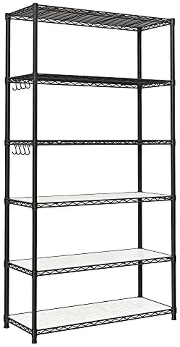 SONGMICS 6-Tier Storage Shelves, Wire Shelving Unit, Kitchen Metal Shelves, Storage Rack with Adjustable Shelves, Shelf Liners, 8 Hooks, for Garage, 13.8 x 35.4 x 69.7 Inches, Black ULGR096B01