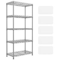 SONGMICS Kitchen Shelf, Metal Shelves, 5-Tier Wire Shelving Unit with 8 Hooks, Narrow Storage Rack with PP Shelf Liners, Height-Adjustable, for Bathroom, Pantry, Silver ULGR065E01