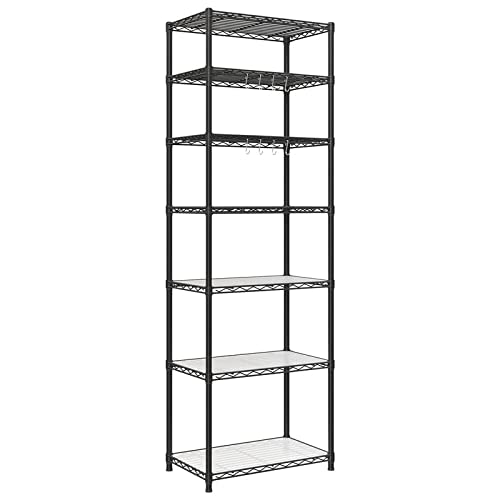 SONGMICS 7-Tier Metal Storage Shelves, Wire Shelving Unit, Adjustable Shelves, Garage Shelving, Kitchen, Living Room Storage Rack, Shelf Liners, 8 Hooks, Total Max. Load 616 lb, Black ULGR067B01