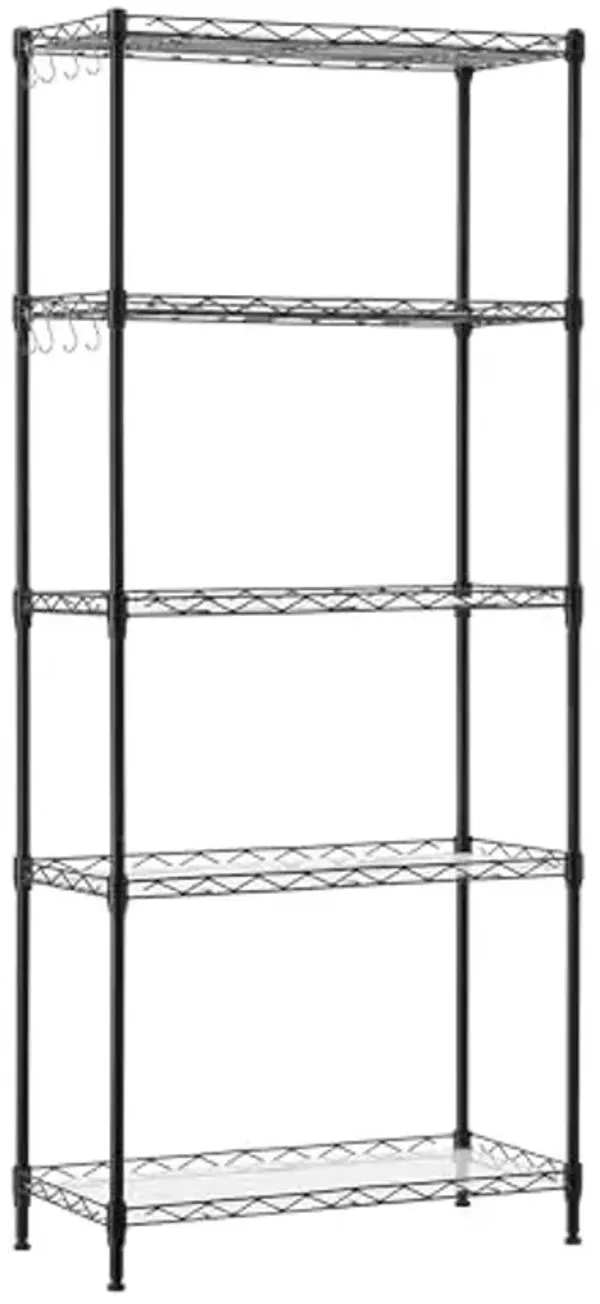 SONGMICS 5-Tier Storage Shelves, Wire Shelving Unit, Kitchen Metal Shelves, Storage Rack with Adjustable Shelves, Shelf Liners, 8 Hooks, for Garage, 11.4 x 23.2 x 50.4 Inches, Black ULGR065B01
