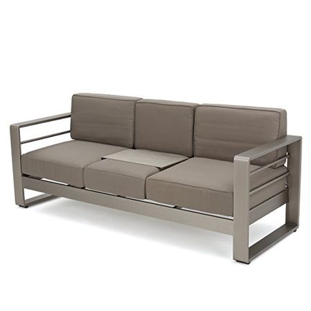 Christopher Knight Home Cape Coral Outdoor Loveseat Sofa with Tray, Khaki & Cape Coral Outdoor Aluminum Coffee Table with Glass Top, Silver