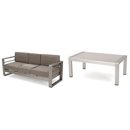 Christopher Knight Home Cape Coral Outdoor Loveseat Sofa with Tray, Khaki & Cape Coral Outdoor Aluminum Coffee Table with Glass Top, Silver