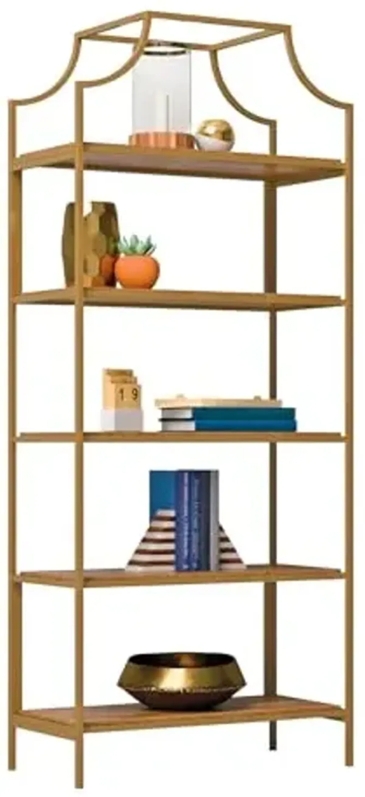Sauder International Lux 5-Shelf Metal Frame Bookcase in Gold Satin/Sindoori Mango Finish
