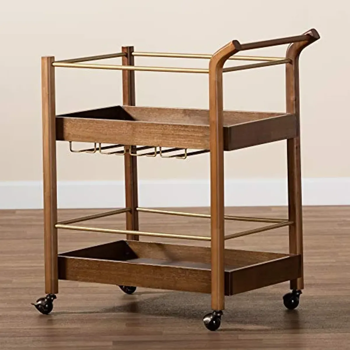 Baxton Studio Tahir Modern and Contemporary Walnut Brown Finished Wood and Antique Gold Finished Metal 2-Tier Mobile Bar Cart