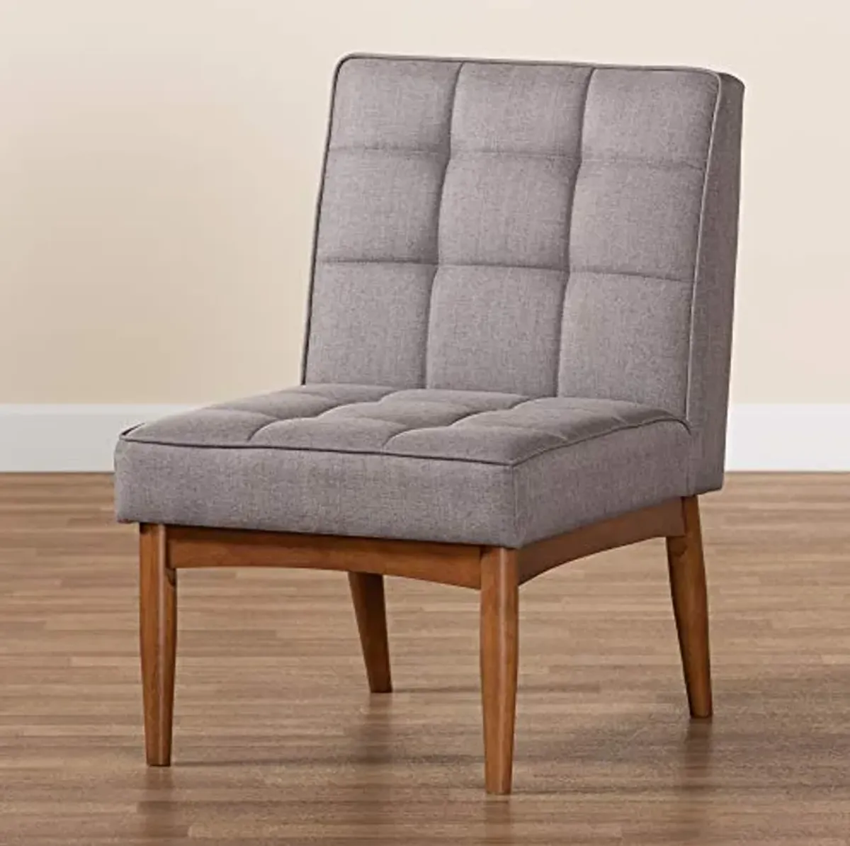 Baxton Studio Sanford Dining Chair Grey Fabric Upholstered and Walnut Brown Finished Wood Dining Chair