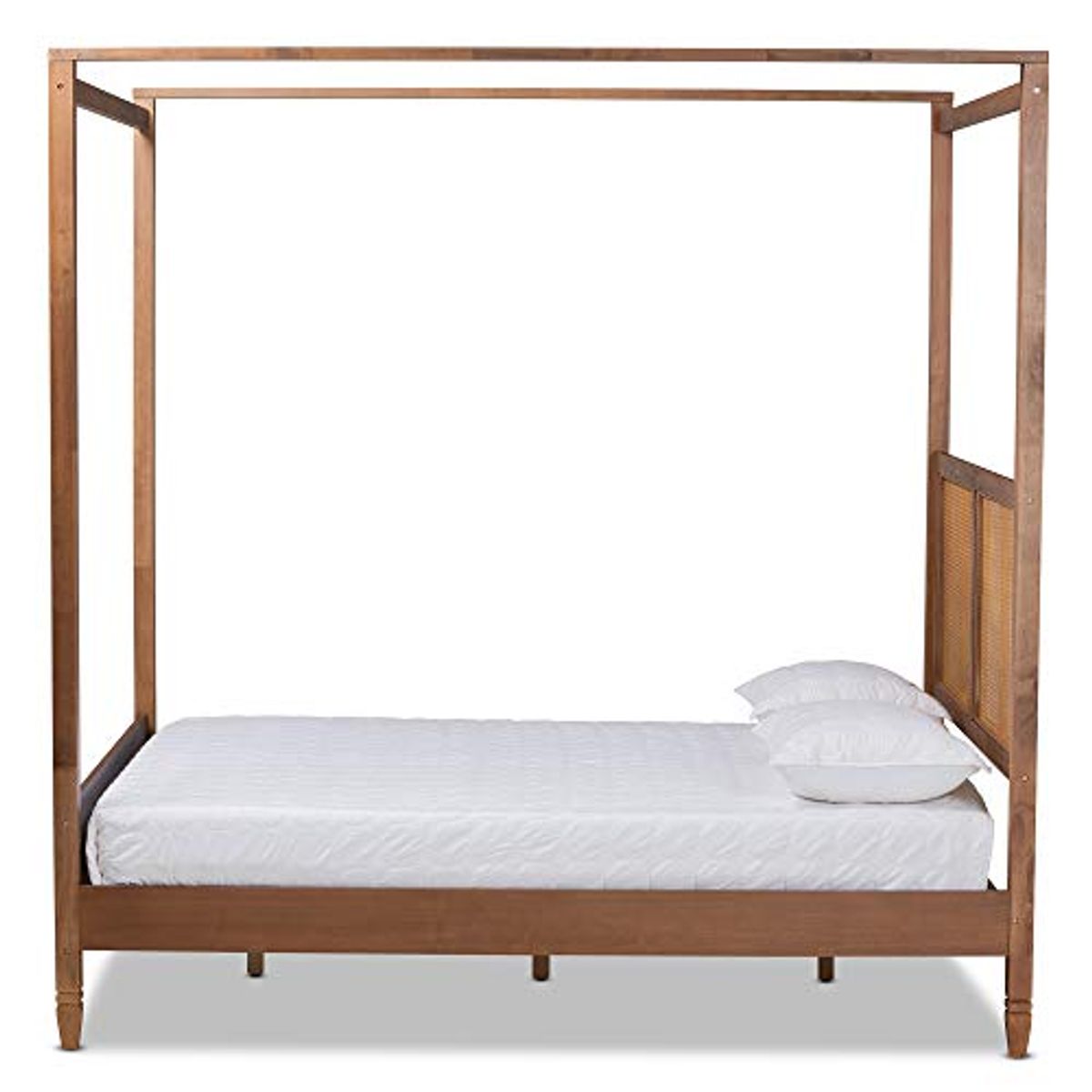 Baxton Studio Malia Modern and Contemporary Walnut Brown Finished Wood and Synthetic Rattan Queen Size Canopy Bed