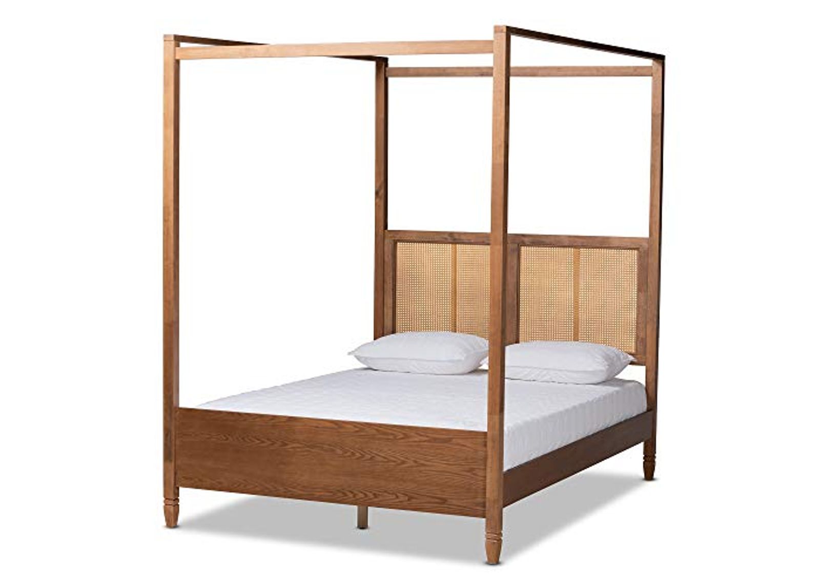 Baxton Studio Malia Modern and Contemporary Walnut Brown Finished Wood and Synthetic Rattan Queen Size Canopy Bed