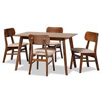 Baxton Studio Euclid Dining Set Dining Set Sand Fabric Upholstered and Walnut Brown Finished Wood 5-Piece Dining Set