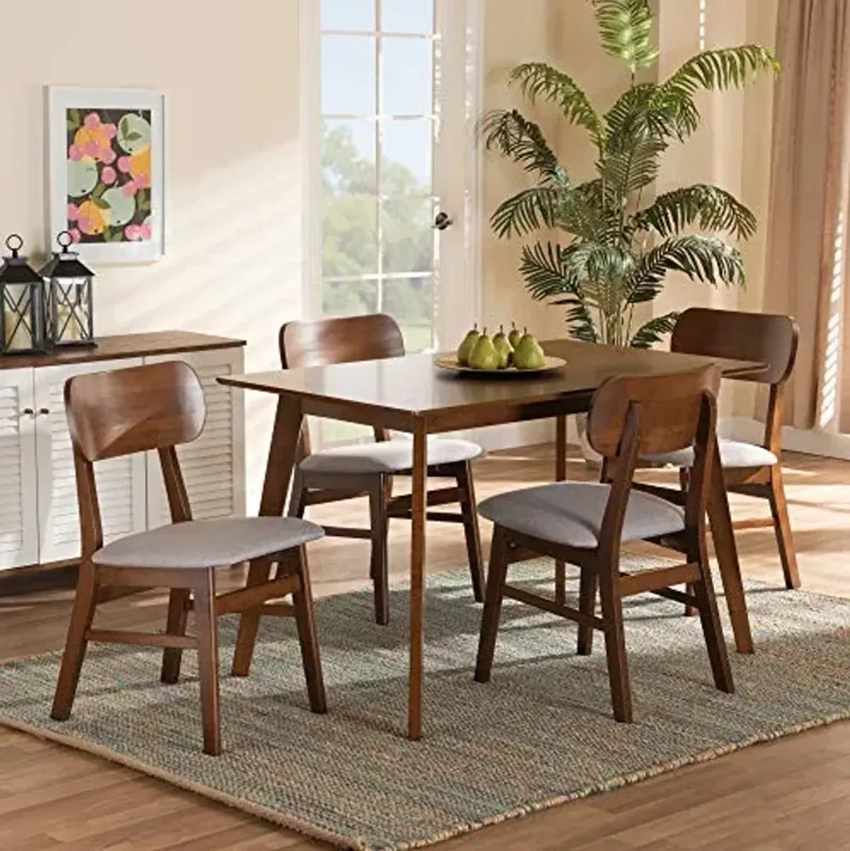 Baxton Studio Euclid Dining Set - Grey Fabric Upholstered and Walnut Brown Finished Wood 5-Piece Set