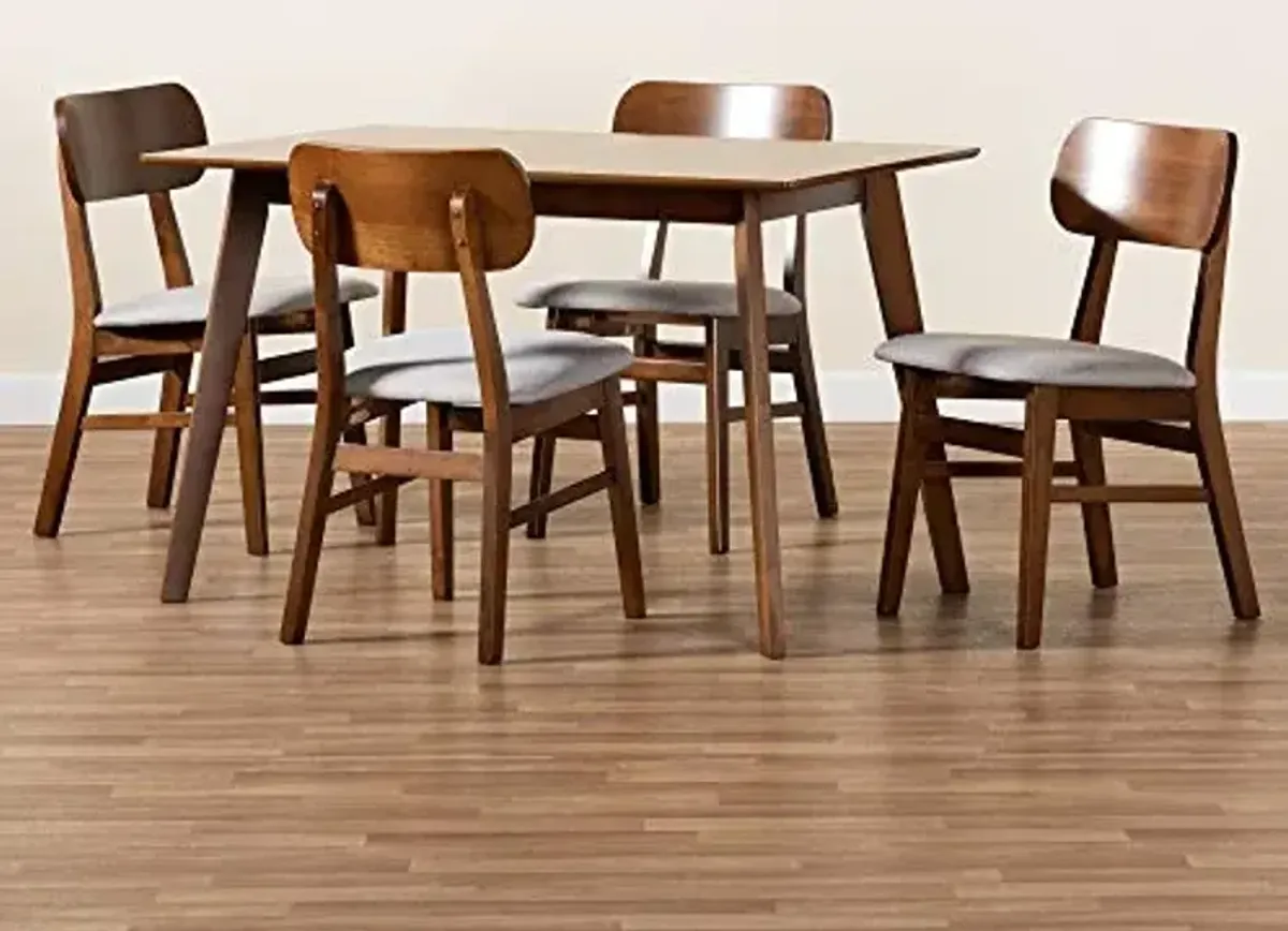 Baxton Studio Euclid Dining Set - Grey Fabric Upholstered and Walnut Brown Finished Wood 5-Piece Set