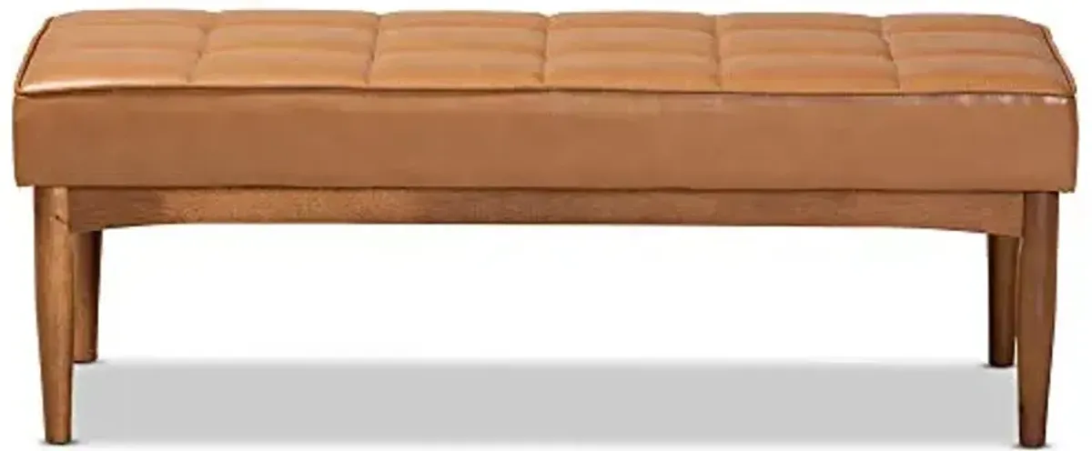 Baxton Studio Sanford Mid-Century Dining Bench Tan Faux Leather Upholstered and Walnut Brown Finished Wood Dining Bench