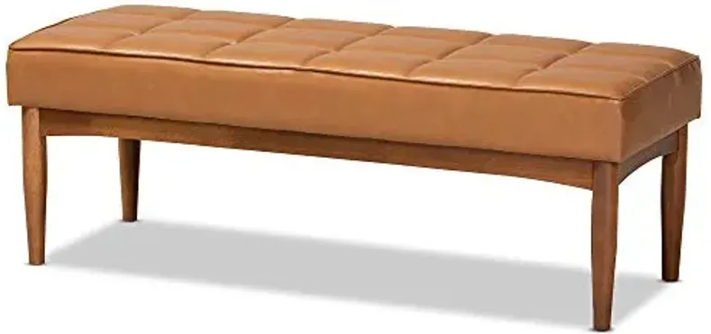 Baxton Studio Sanford Mid-Century Dining Bench Tan Faux Leather Upholstered and Walnut Brown Finished Wood Dining Bench