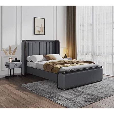 Manhattan Comfort Kingdom Mid Century Modern Bed Frame with Faux Leather Wingback Headboard, Queen, Graphite