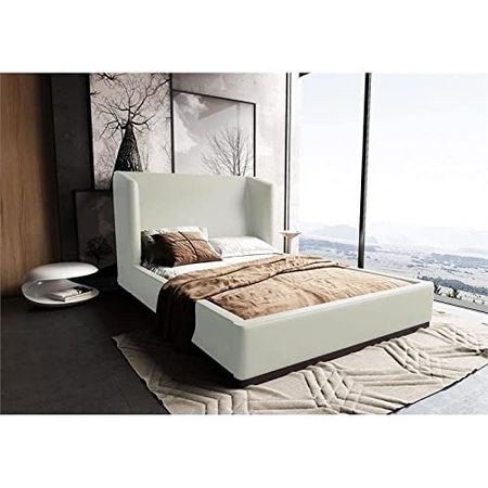 Manhattan Comfort Lenyx Mid Century Modern Faux Leather Upholstered Bed Frame, Full, Cream