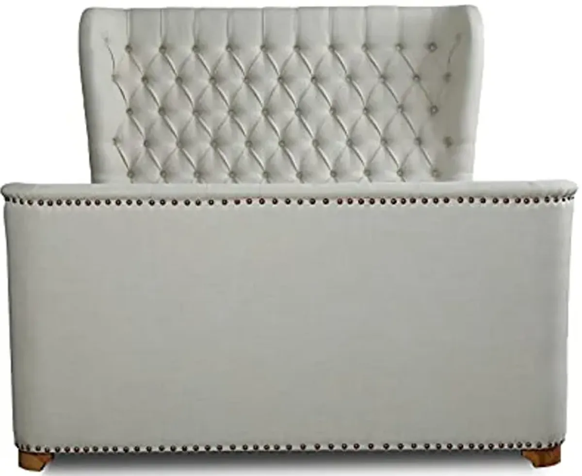 Manhattan Comfort Lola Mid Century Modern Bed Frame with Tufted Linen Upholstered Headboard, Queen, Ivory