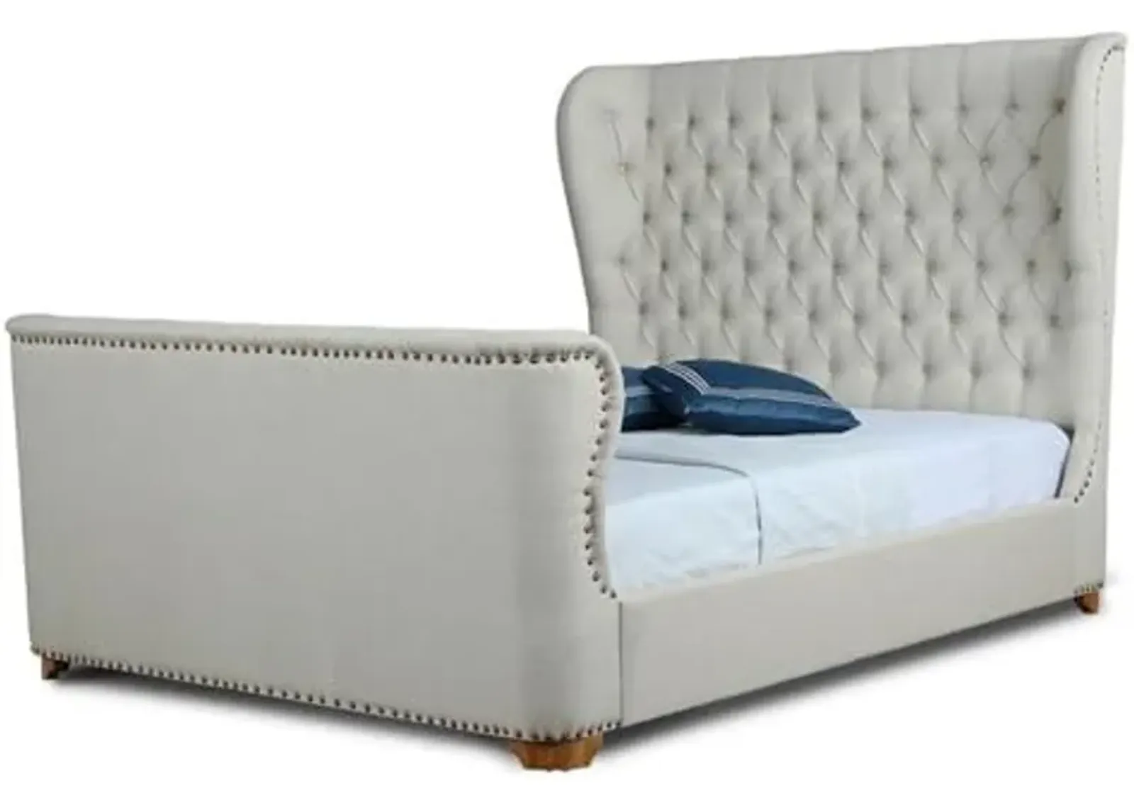 Manhattan Comfort Lola Mid Century Modern Bed Frame with Tufted Linen Upholstered Headboard, Queen, Ivory