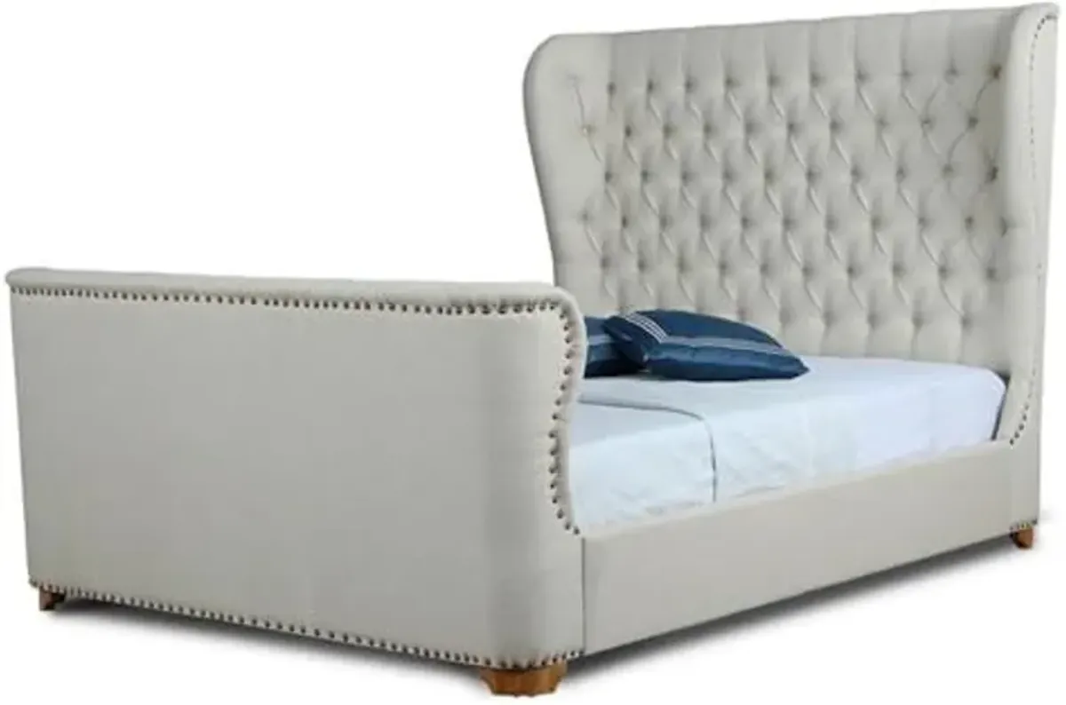 Manhattan Comfort Lola Mid Century Modern Bed Frame with Tufted Linen Upholstered Headboard, Queen, Ivory